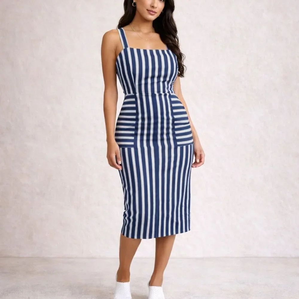 URBAN OUTFITTERS Navy Striped Crisscross Back Midi Dress